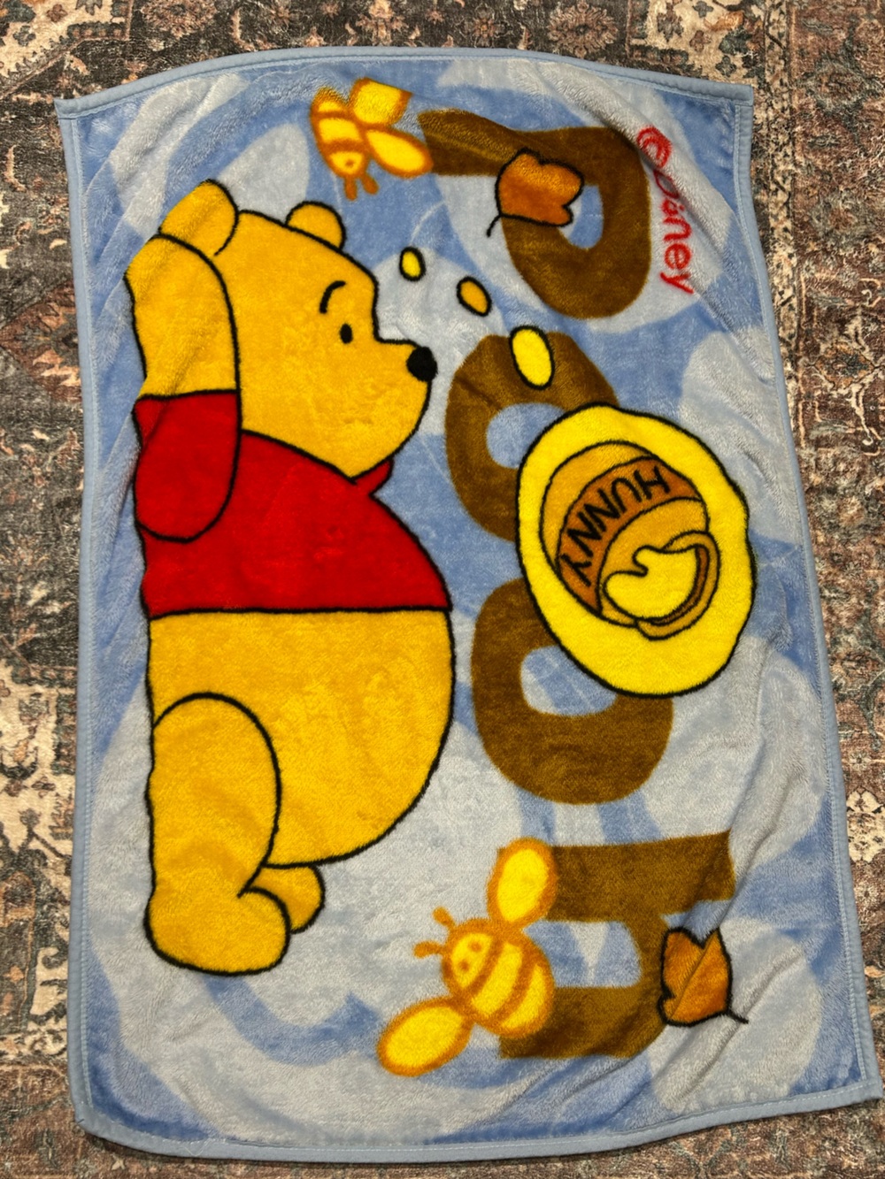 Vintage Disney Winnie the Pooh Plush Fleece Blanket - Yellow & Light Blue